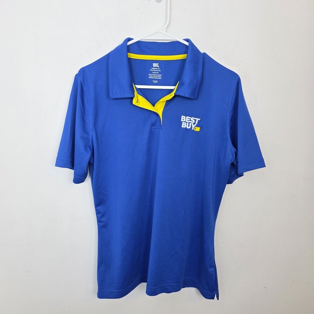 Best Buy Blue Yellow Feminine Fit Stretchy Short Sleeve Polo Shirt Size Medium